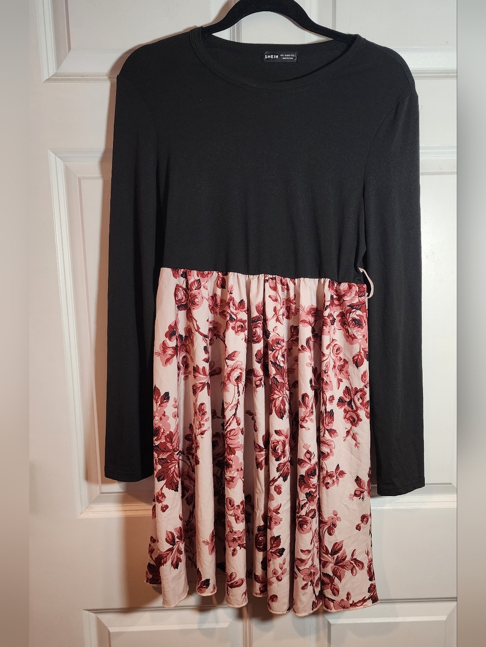 Shein Black And Pink Floral Long Sleeve Dress With Belt Loops L